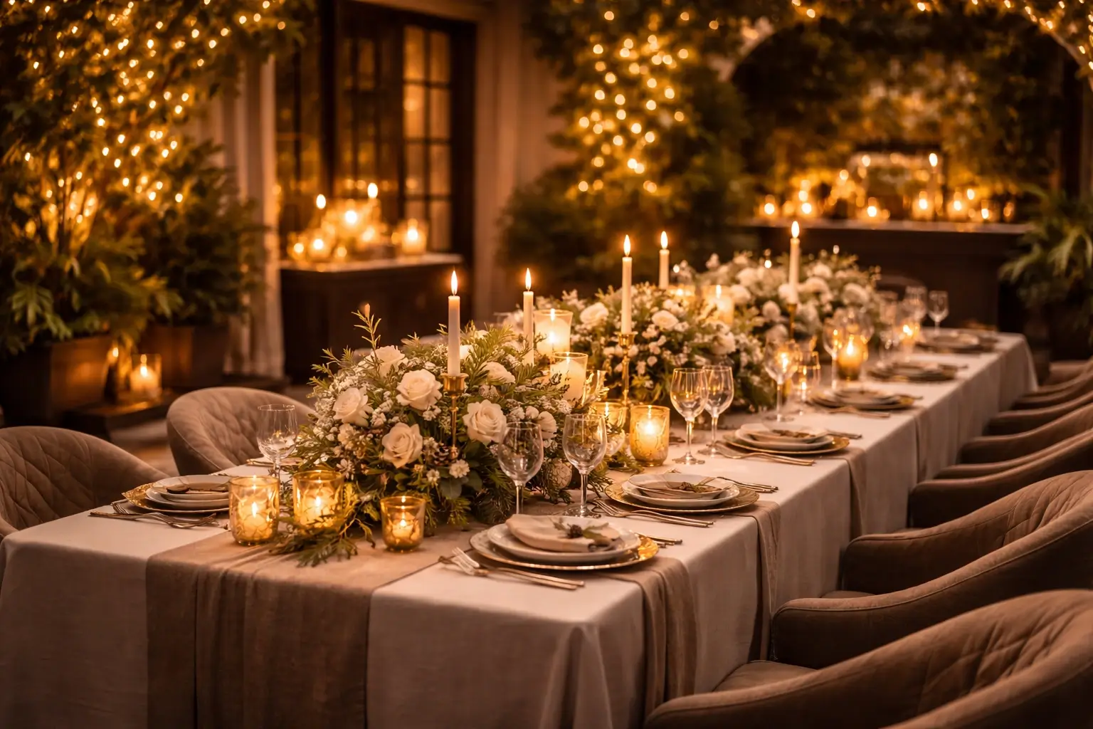 Elegant event setting with long styled table and warm evening lighting