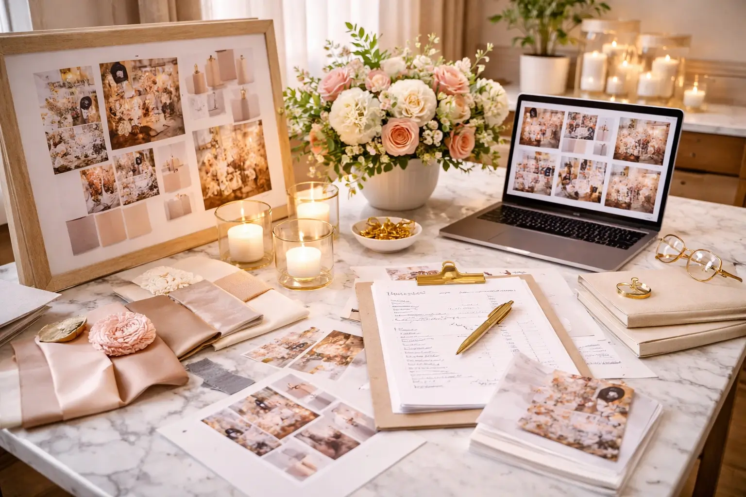 Elegant event planning workspace with mood boards, guest notes and styling materials