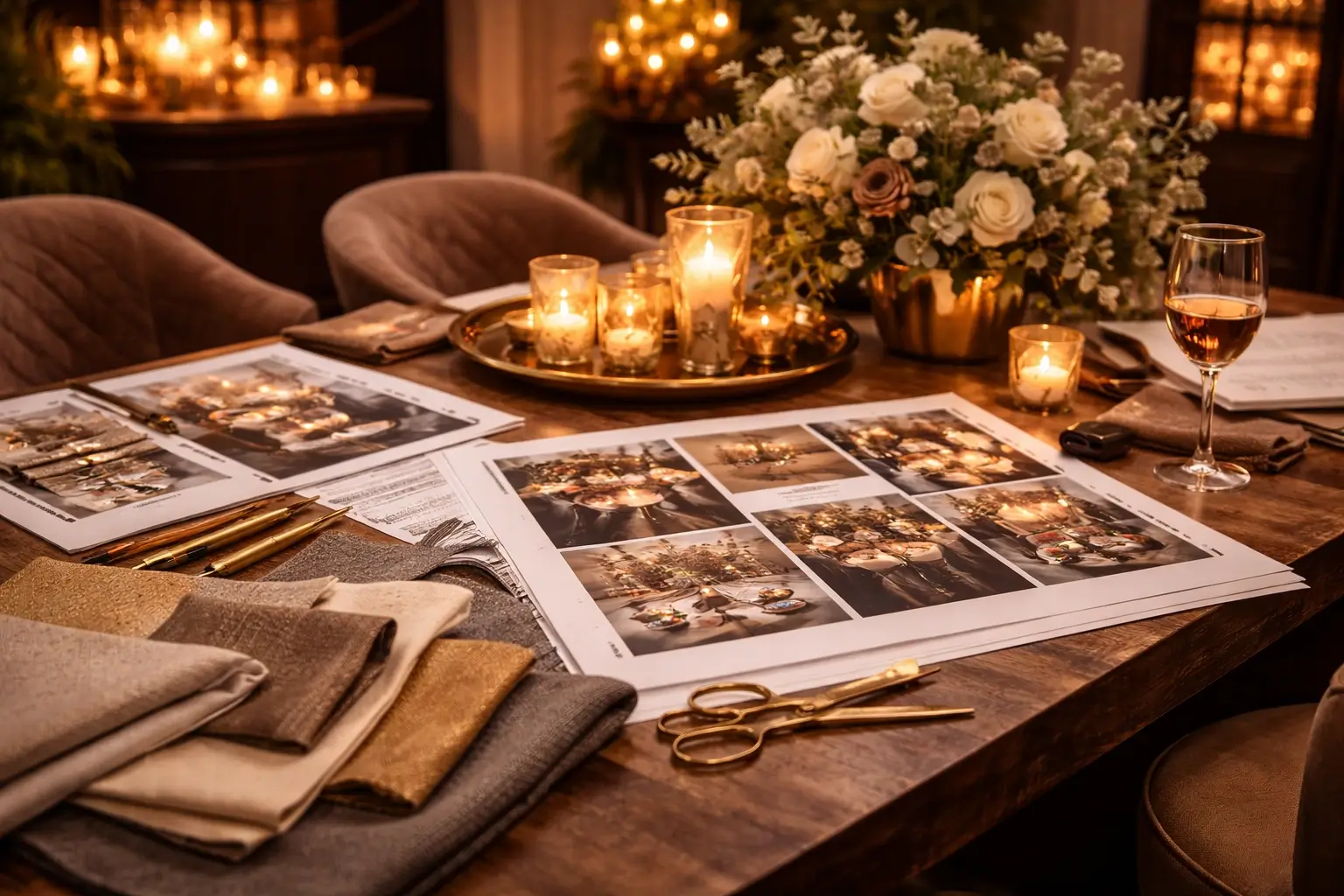 Event planning workspace with styling materials, candles and mood references