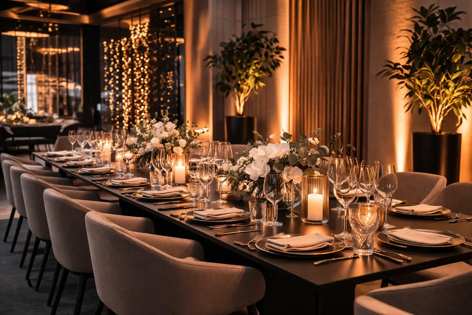 Corporate event with elegant tables, lighting and guest-ready setup