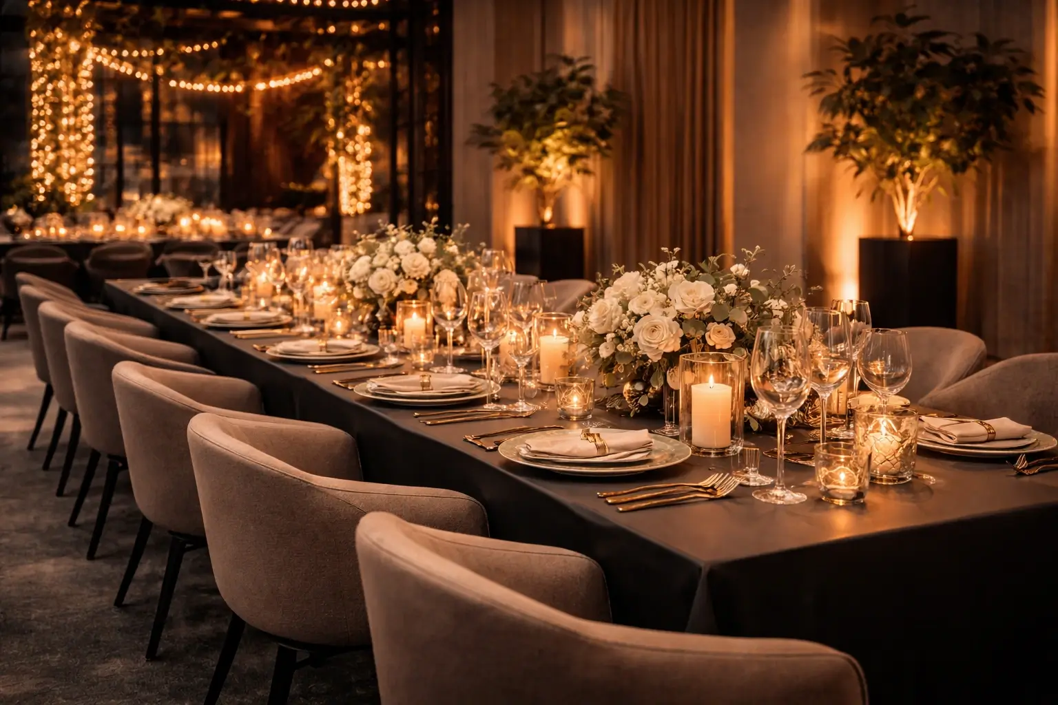 Elegant corporate event with styled long table and ambient lighting