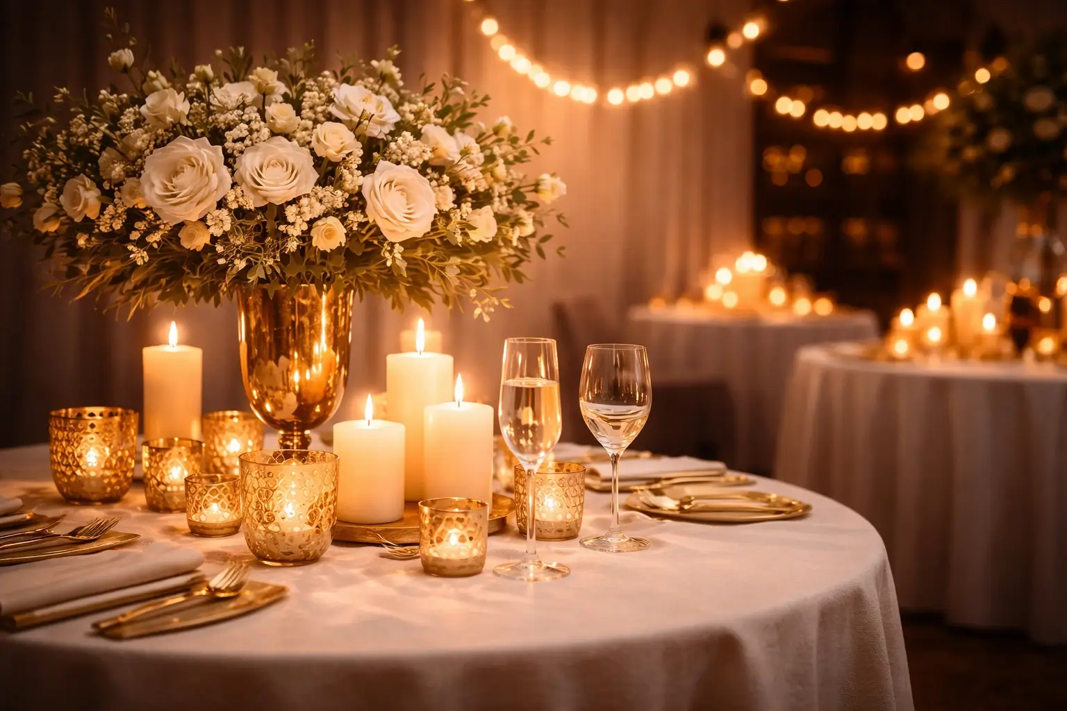 Curated event atmosphere with elegant styling and warm lighting