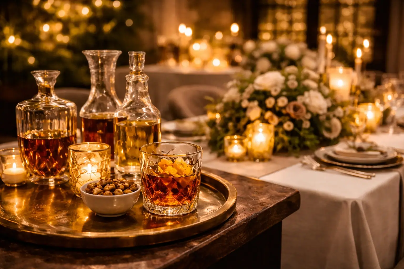 Cocktail setup and decorative event styling in a refined setting