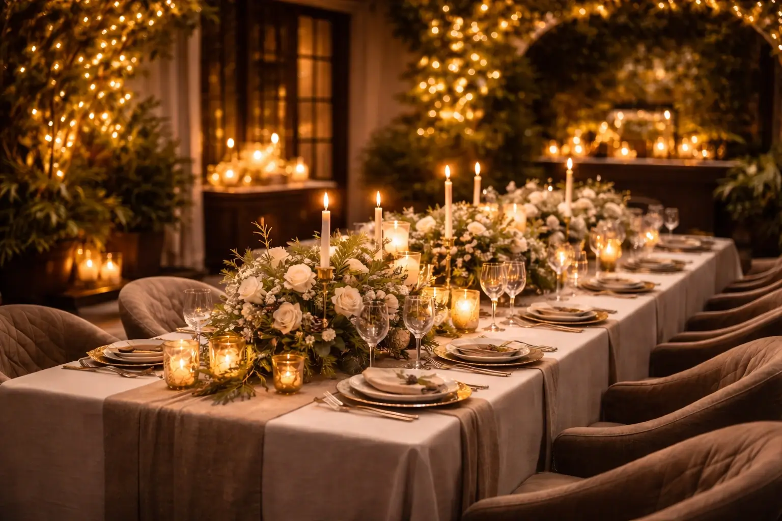 Elegant event setup with candles, table styling and warm ambient lighting