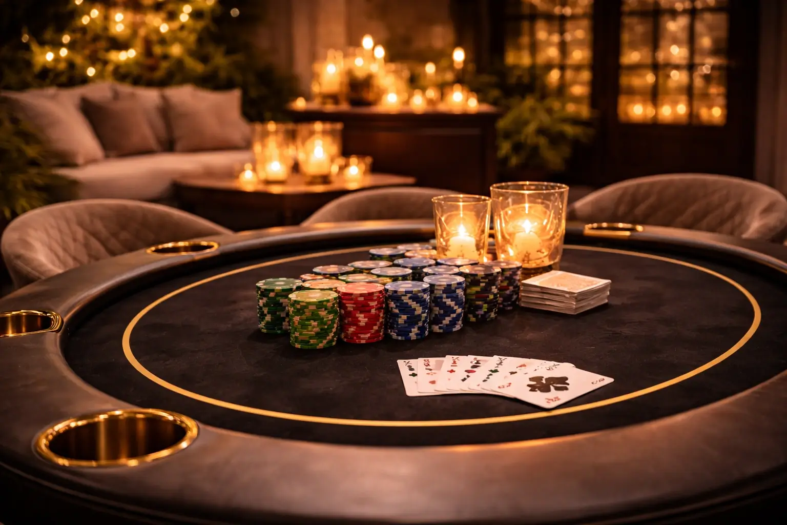 Stylish poker table setup with chips, cards and warm event lighting