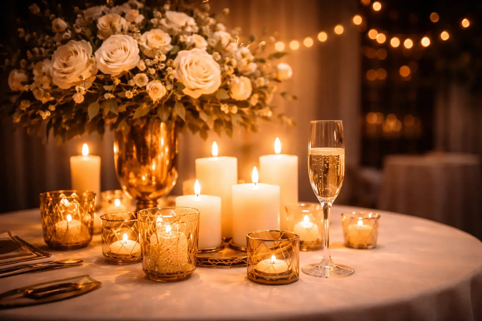Close-up of stylish event styling with candles and carefully arranged table décor