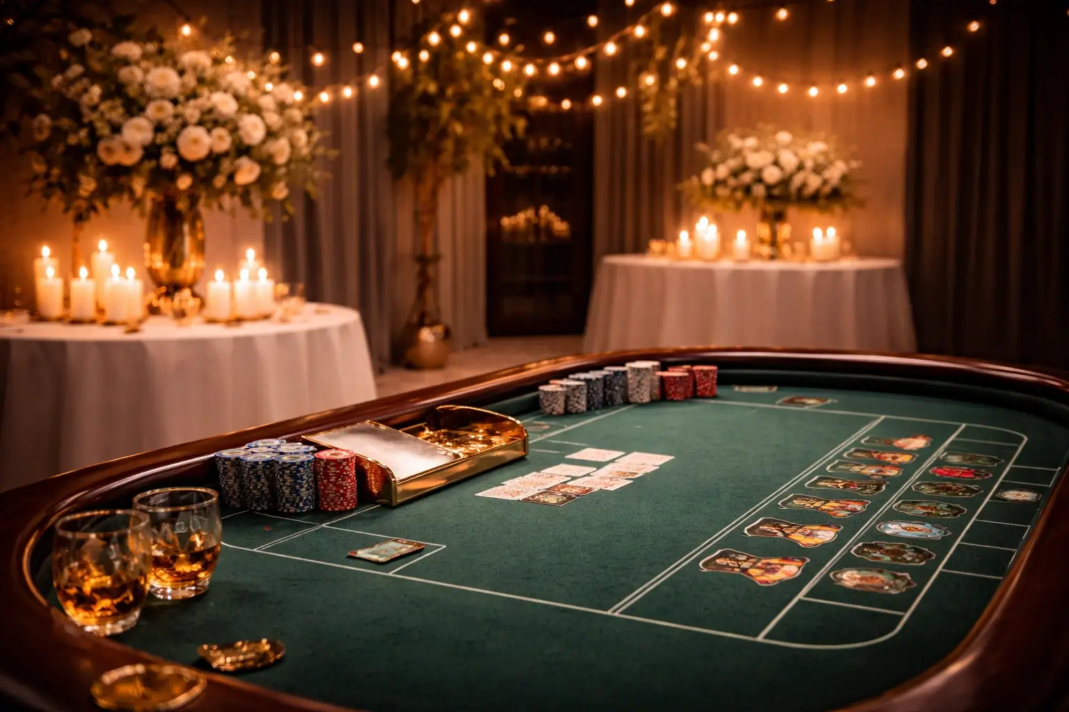 Elegant event setup with warm lighting and refined decorative details