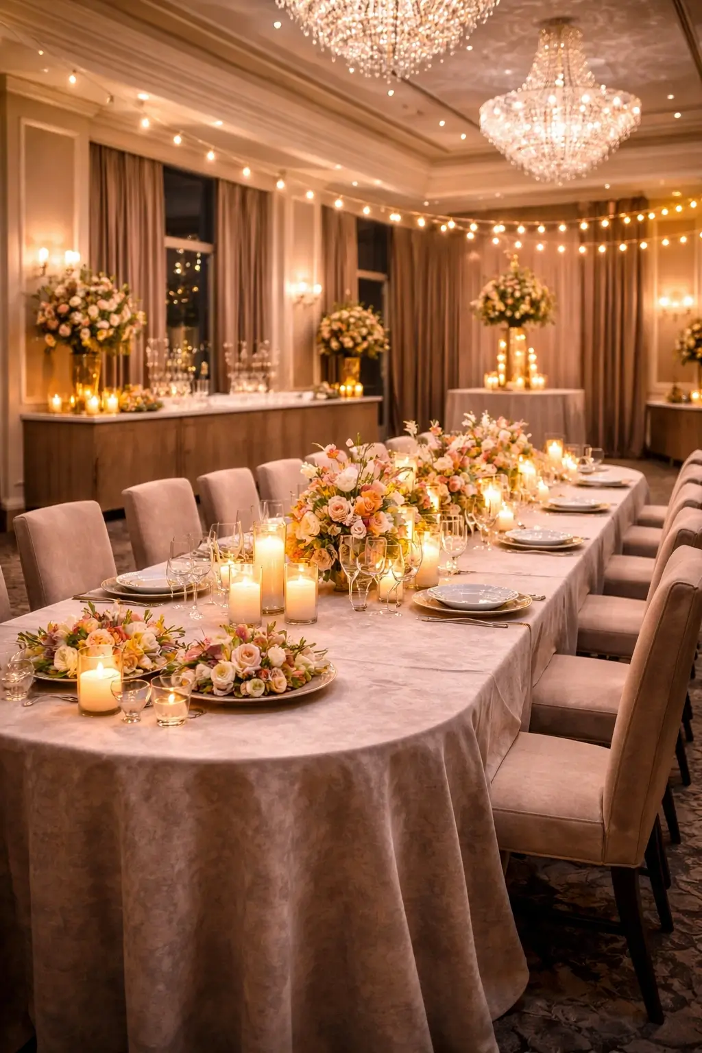 Elegant corporate event with refined table styling and warm lighting