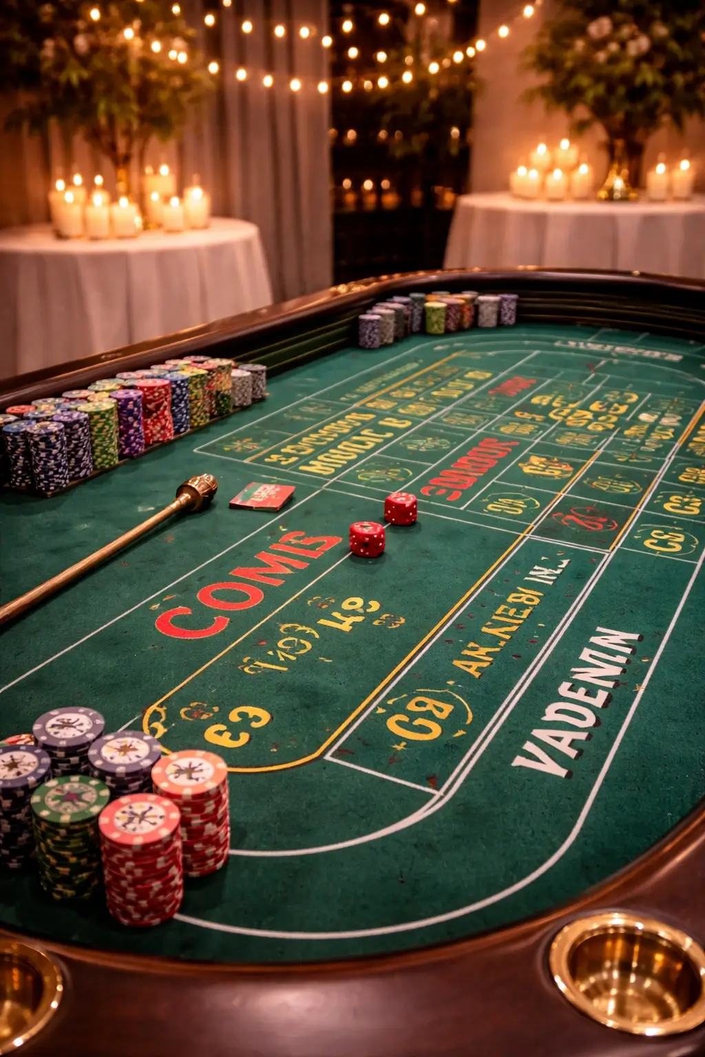 Group activity table with dice game and lively atmosphere