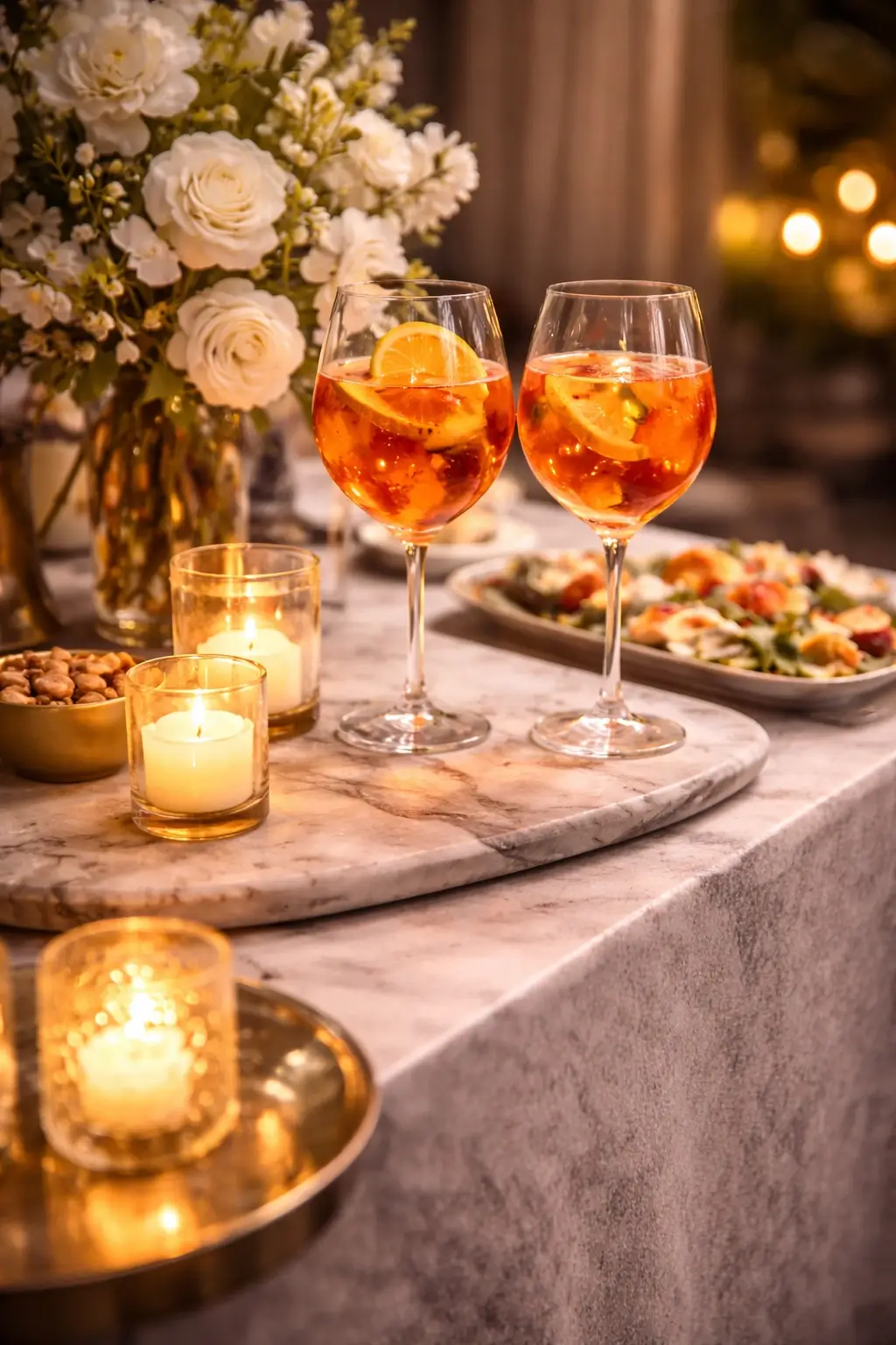 Elegant cocktail setup with drinks, candles and stylish serving details