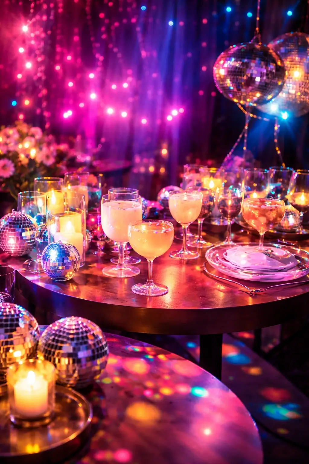 Modern party atmosphere with colorful lighting and festive table styling