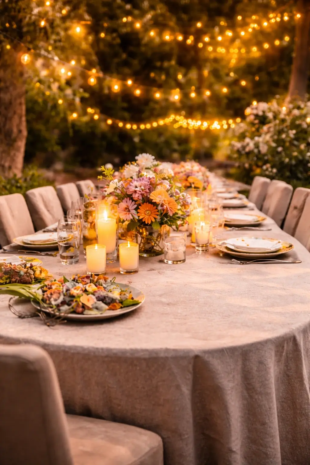 Outdoor evening event with decorated table, warm lights and floral arrangements