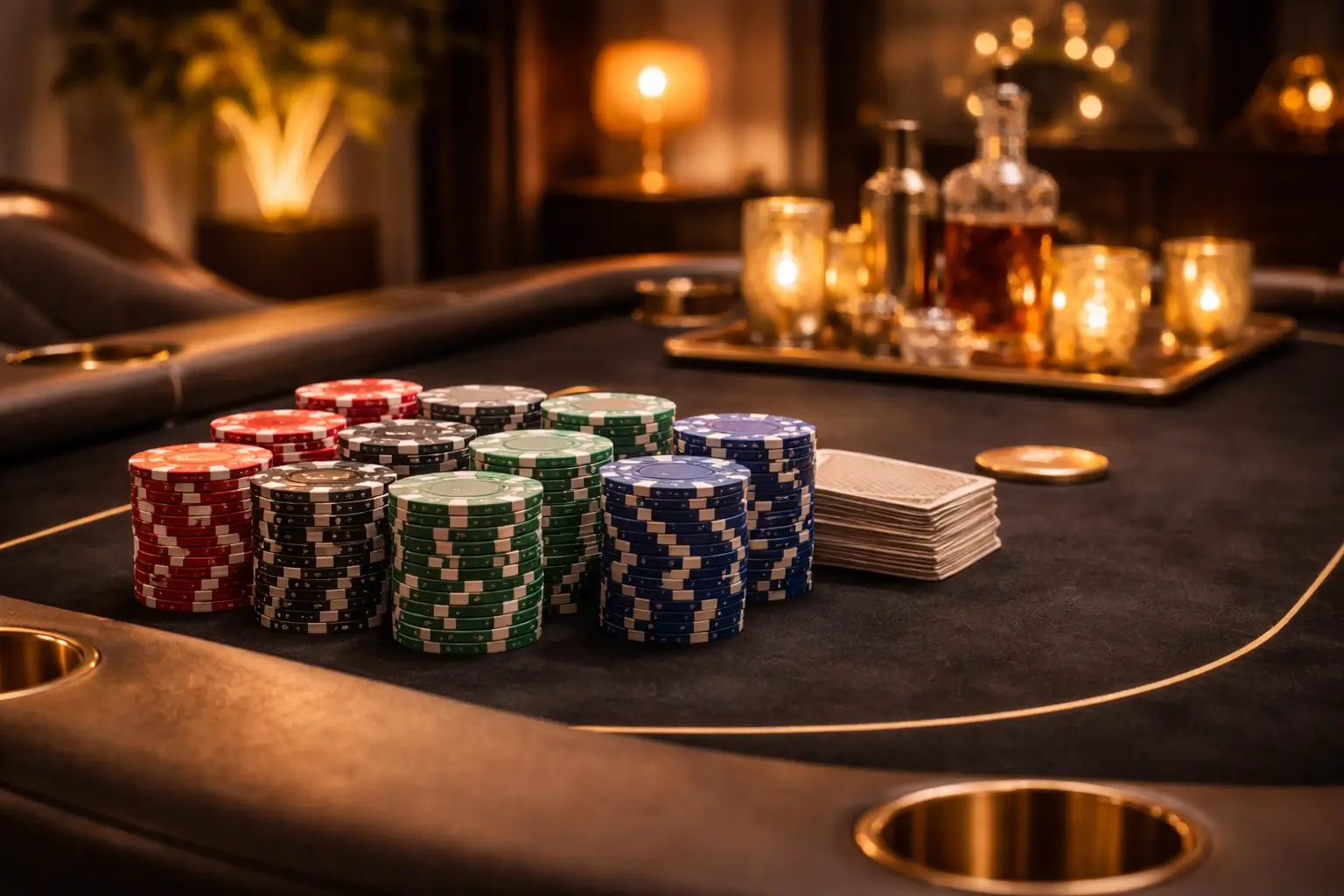 Close-up of poker chips and table styling