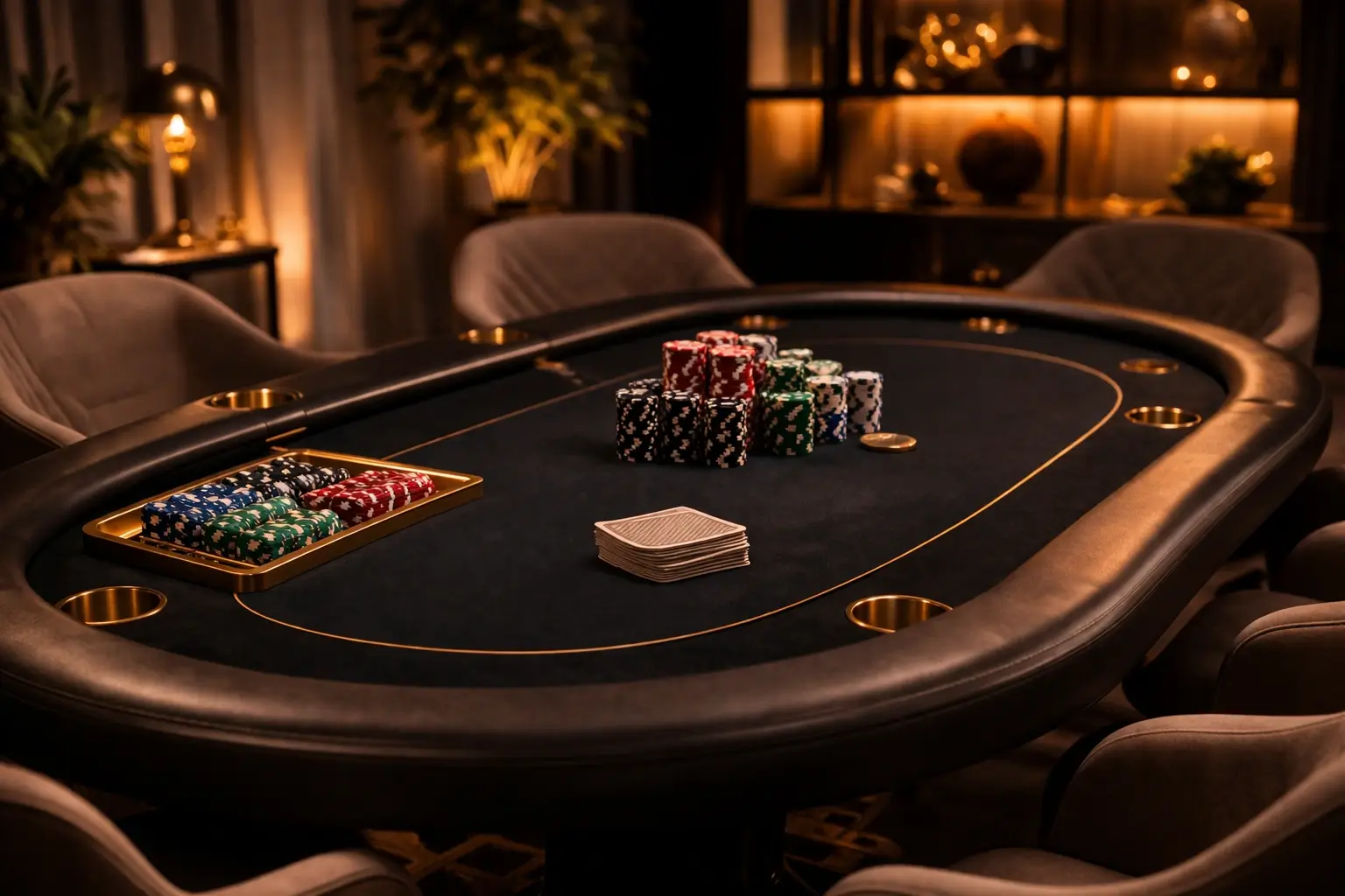 Elegant poker table with chips and warm ambient lighting