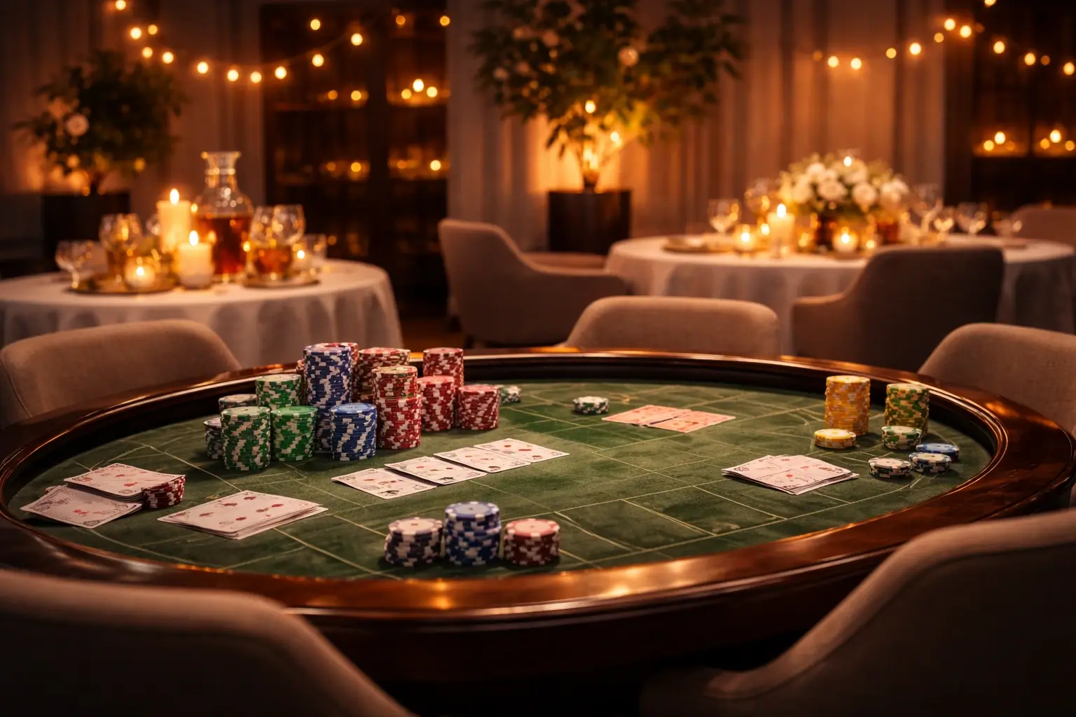 Hosted poker night with professional table and stylish event surroundings