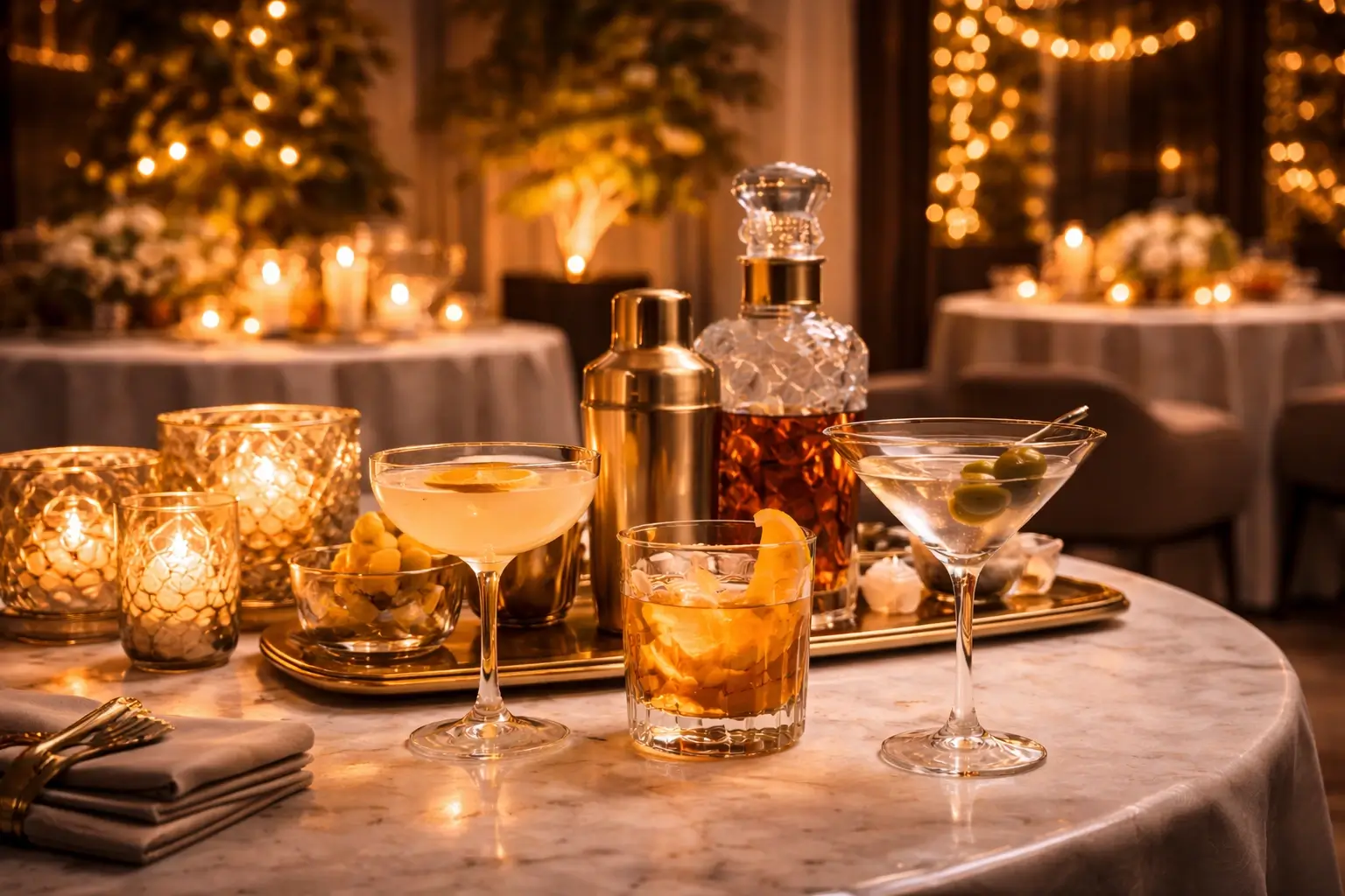 Cocktail setup with ambient lighting for a private party