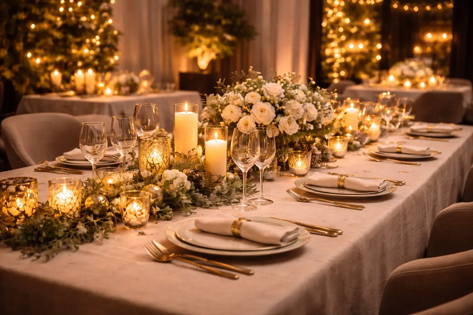 Elegant private party with warm lighting and refined table setting
