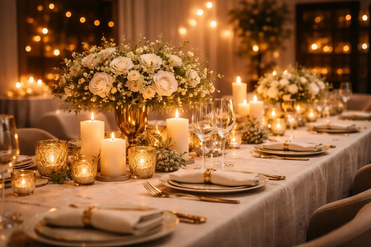 Private celebration with candles, florals and elegant table setup
