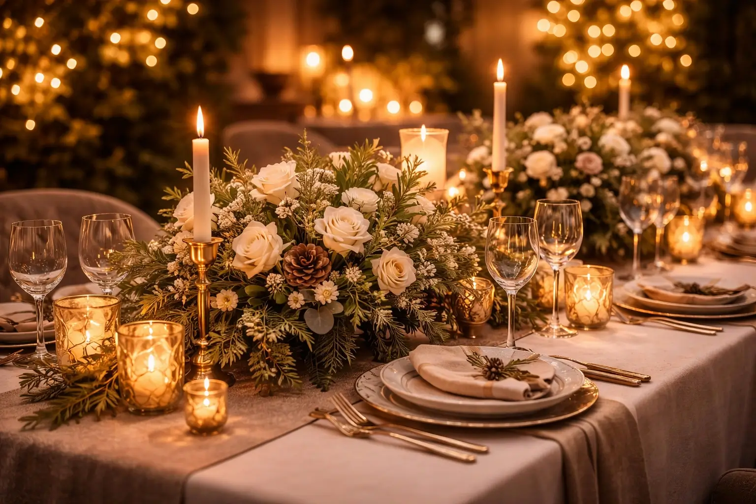 Festive table styling with candles and seasonal decor