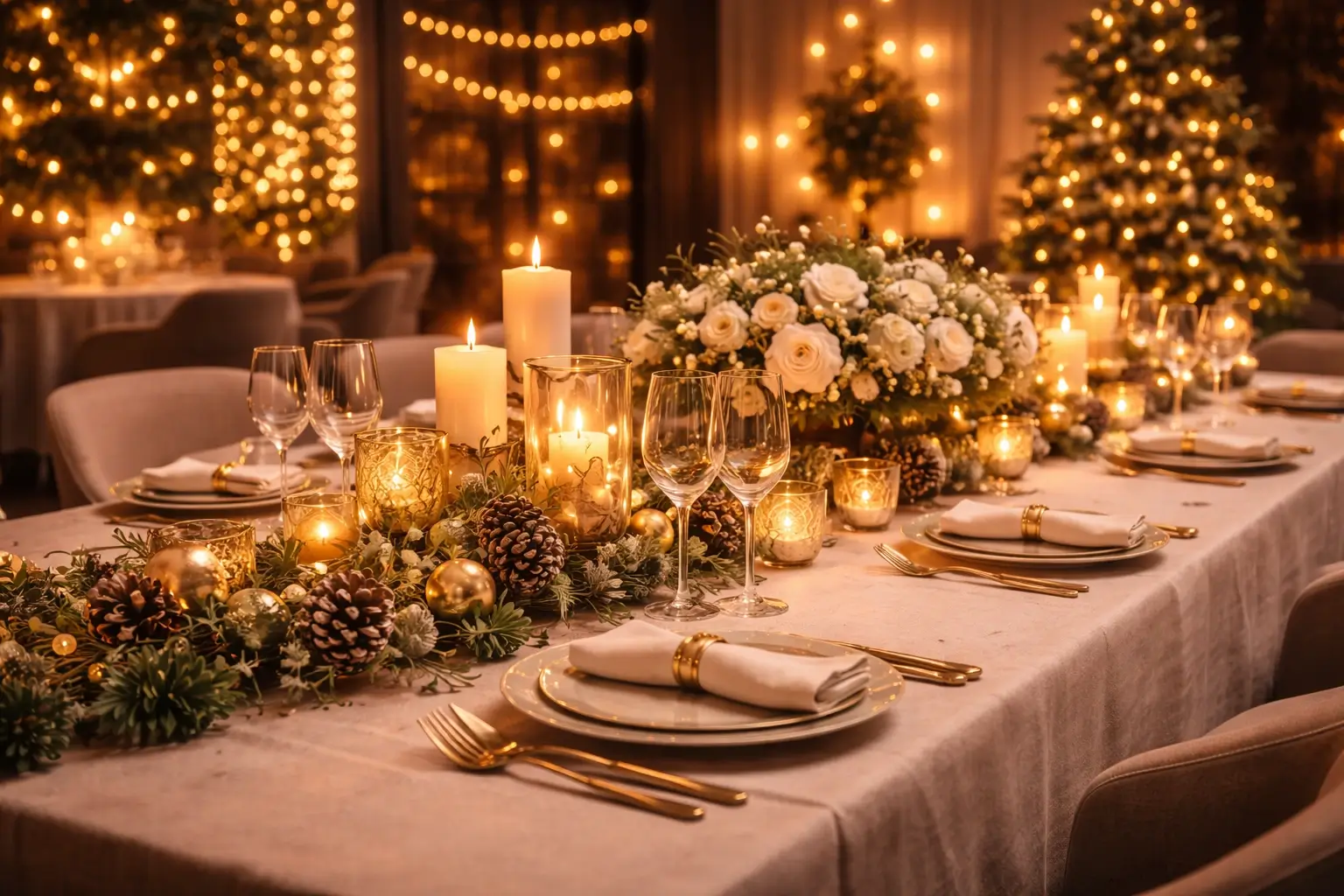 Seasonal event setting with warm ambiance and curated decorative styling