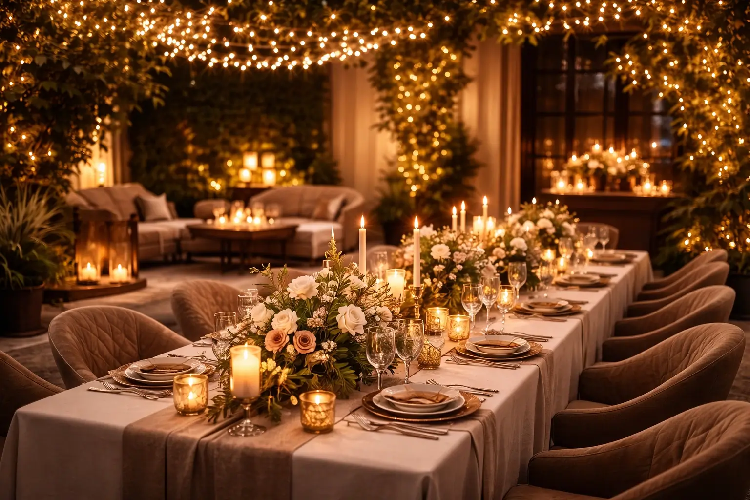Seasonal event setup with warm lighting and refined atmosphere